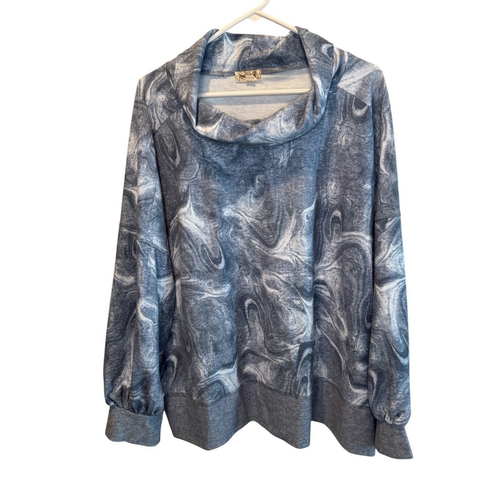 One World Womens Blue Marble Cowl Neck Pullover Knit Top 3X Comfy Lightweight